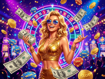 Luxury online casino gaming interface with slot machines and roulette wheel